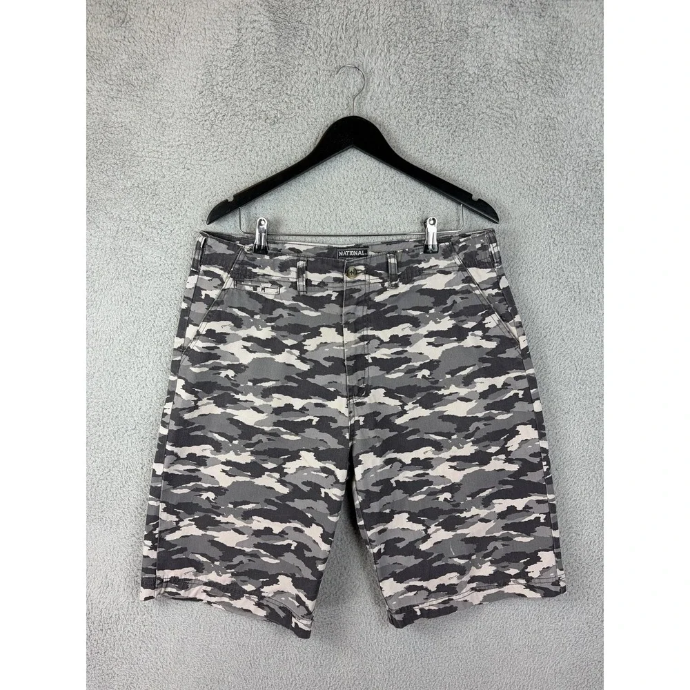 National Outfitters Shorts Mens 36 Gray Camo Canvas Chino 11 Inseam Army Casual